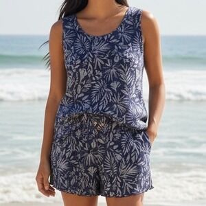Tahari 2/Pc Womens Sz XL Navy Blue Tropical Leaf Lounge Tank and Shorts